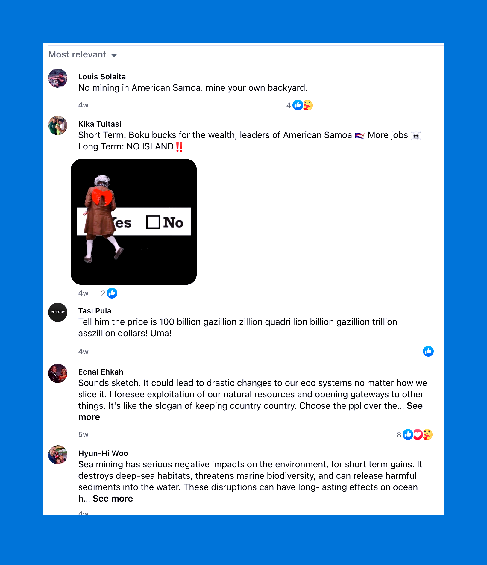 Facebook users responding to Samoa News article mid April that Impossible Metals had resent its application to BOEM