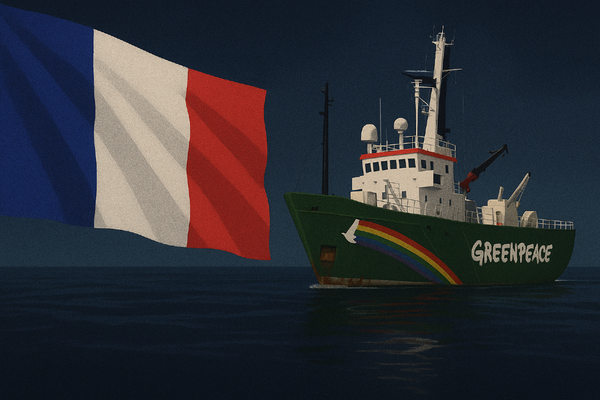 Stylised AI generated depiction of Greenpeace ship facing French flag 